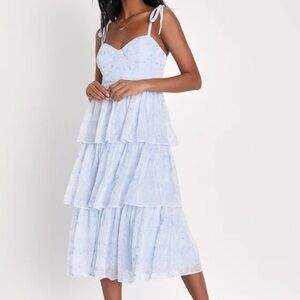 Lulus Vineyard Blue Embroidered Tiered Midi Dress